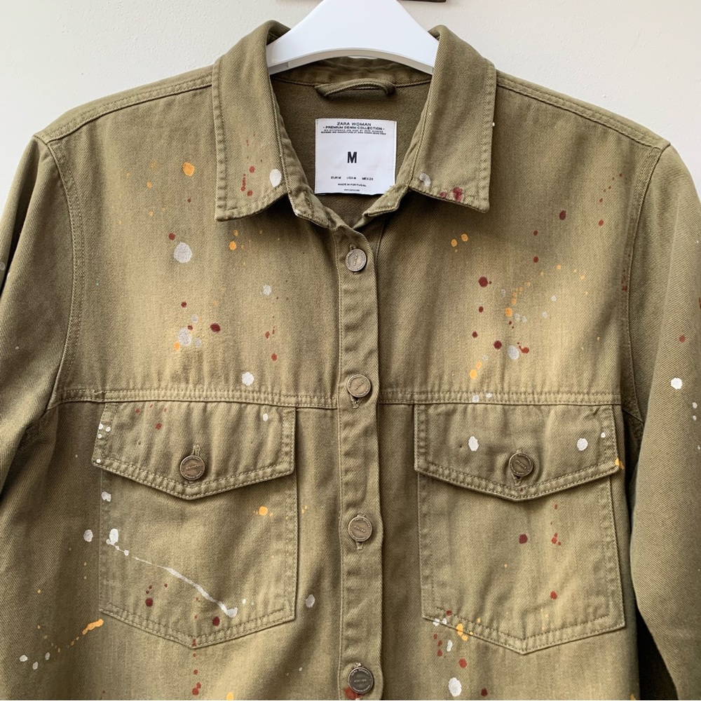 Zara khaki denim shacket chore shirt jacket paint splatter size medium - Picture 5 of 10